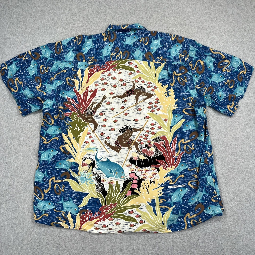 Reyn Spooner Dietrich Varez Shirt Mens XL Blue Fish Hawaiian Spun Rayon Loop